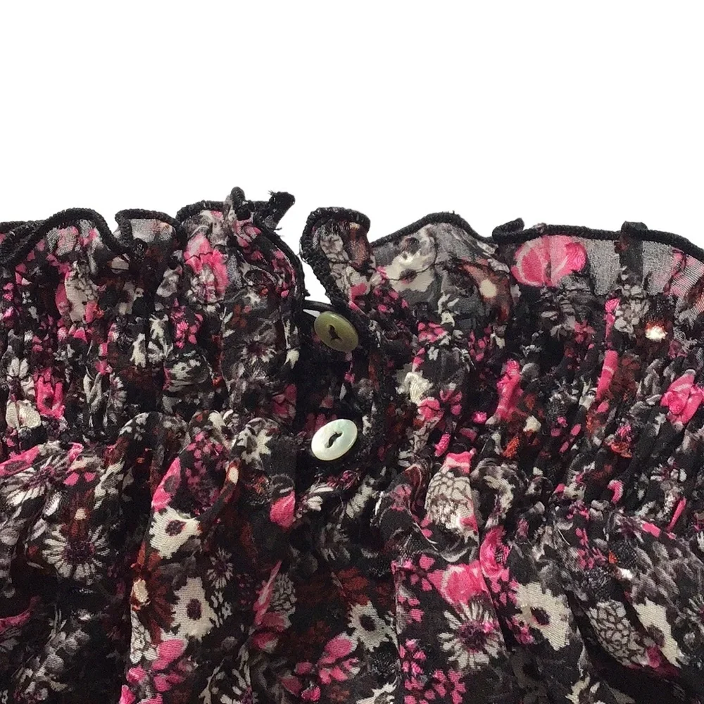 Zara Floral Print Pink Black Ruffle Neck Blouse, size M - Picture 8 of 14
